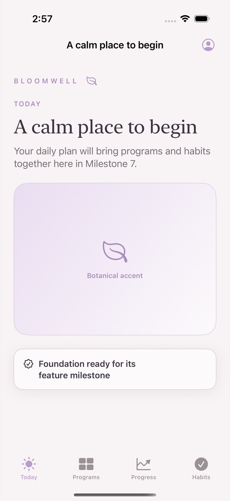 Bloomwell iPhone app home screen showing a calm daily plan