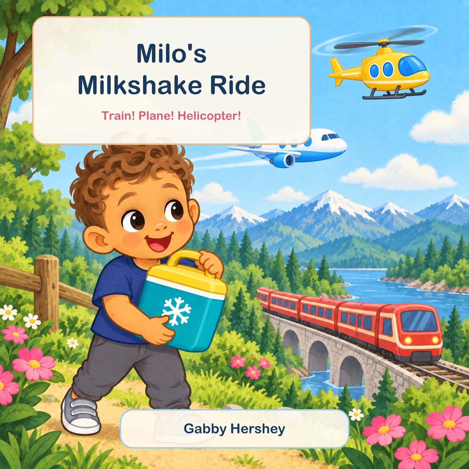 Cover of Milo's Milkshake Ride featuring Milo, a train, plane, and helicopter
