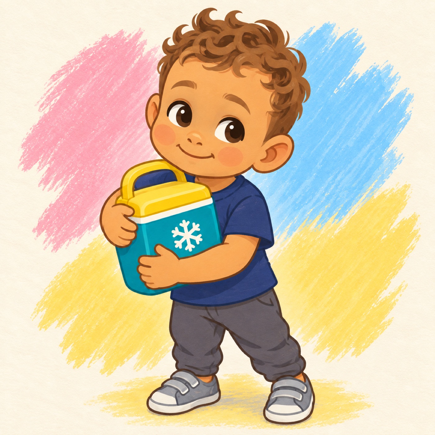 Illustrated child character concept holding a lunchbox against colorful painted shapes